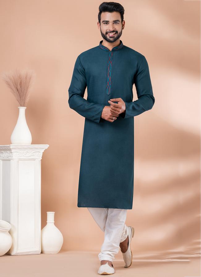 Cotton Dark Green Traditional Wear Weaving Kurta Pajama